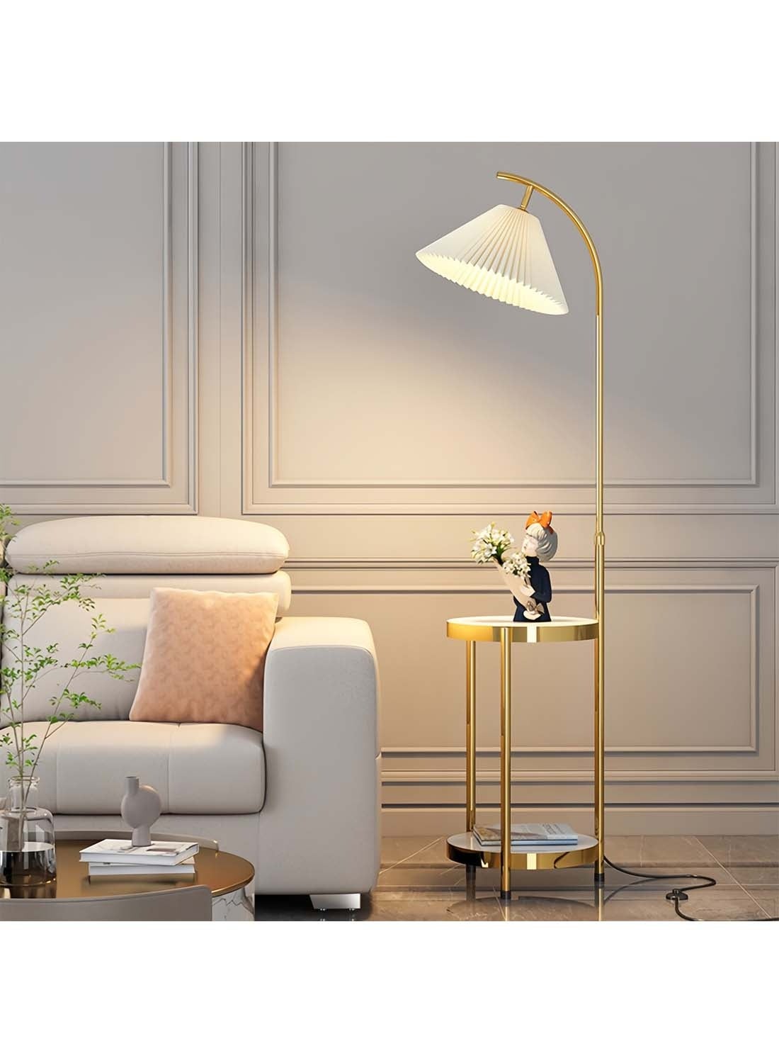 Arc Floor Lamp with Side Table 3-Color Dimmable LED (3000K-6000K) 12W Standing Lamp with Storage Shelf for Living Room Bedroom