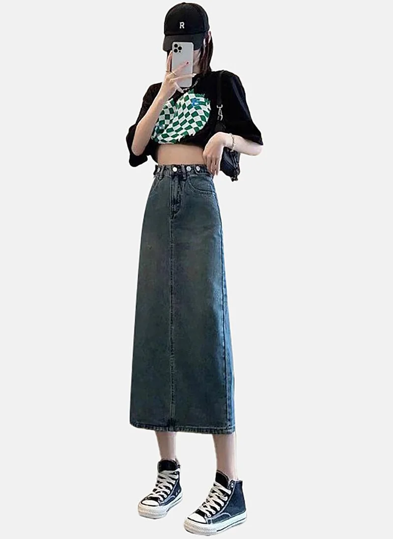 YUNIQEE Blue Denim Solid Maxi Skirt