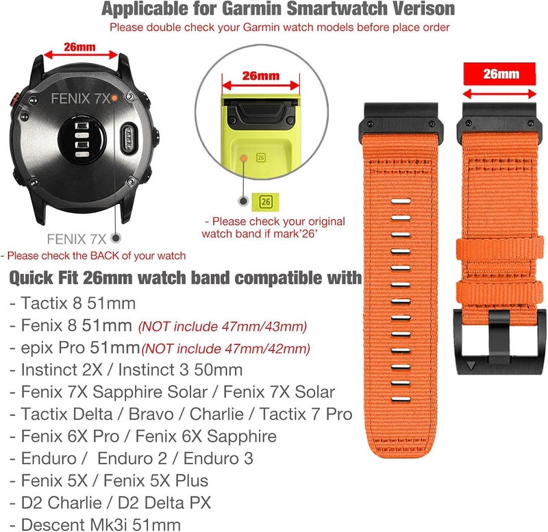 Abanen Rugged Nylon Watch Bands for Garmin Fenix 7X / Fenix 6X / Fenix 5X/Enduro 2, Quick Fit 26mm Adjustable Woven Nylon Sports Wrist Strap with Stainless Steel Clasp for Tactix 7 Pro, epix Pro 51mm - Image 2