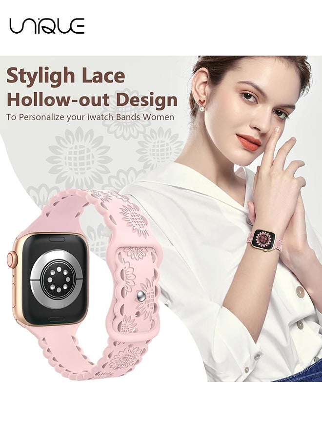 يونيك أحزمة محفورة متوافقة مع سوار ساعة أبل 42 مم 44 مم 45 مم 49 مم للنساء ، حزام رياضي ناعم من السيليكون سوار معصمه جميل لسلسلة نطاقات iWatch 9/8/7/6/5/4/3/2/1 / SE (وردي) - Image 5