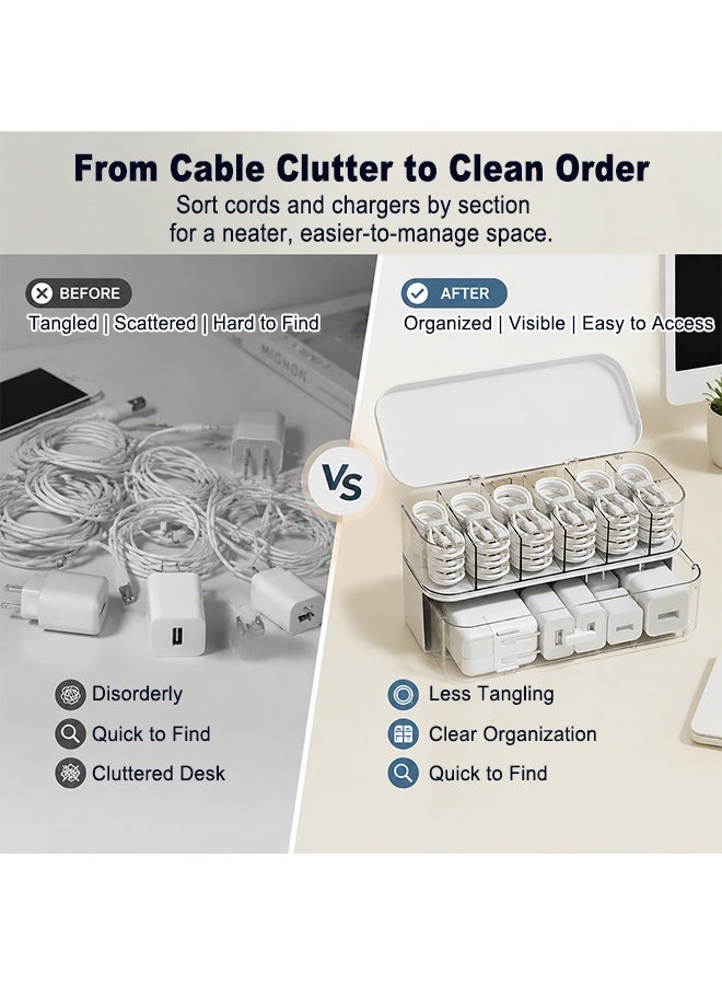 Transparent Cable Storage Box with Lid, Double-Layer Cable Organizer for Charger Headphone USB Drive, Dust Proof Desktop Clear Cable Storage Box Electronics Accessory Storage - Image 4