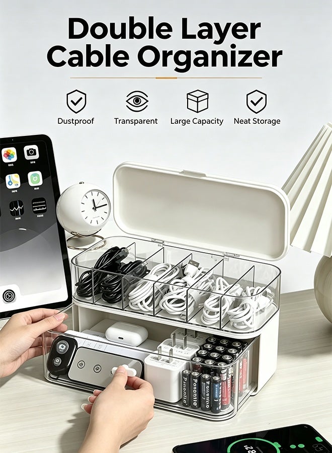 Transparent Cable Storage Box with Lid, Double-Layer Cable Organizer for Charger Headphone USB Drive, Dust Proof Desktop Clear Cable Storage Box Electronics Accessory Storage - Image 1