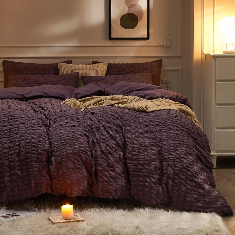 JELLYMONI Purple Duvet Cover Queen Size  3pcs Washed Microfiber Bedding Set  Soft Breathable Seersucker Duvet Cover Set with Zipper Closure and Corner Ties for All Seasons - Image 1
