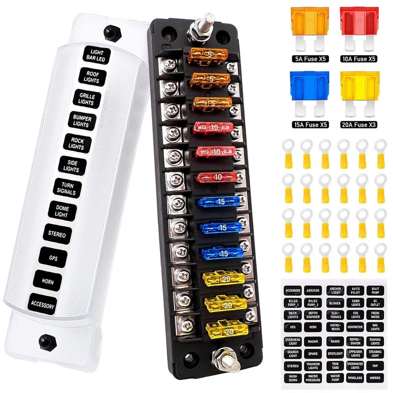 PSEQT 12 Way Blade Fuse Block with Negative Bus ATC/ATO Waterproof Marine Automotive Fuse Box Standard Circuit Holder Panel for Auto Boat Yacht Vehicle Auto RV Car Trailer Truck SUV - Image 1