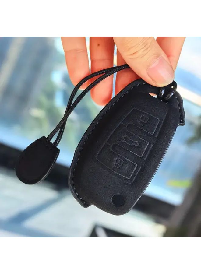 Sleek Black PU Leather Remote Key Case Lock Unlock Car Icons Keychain - Image 1