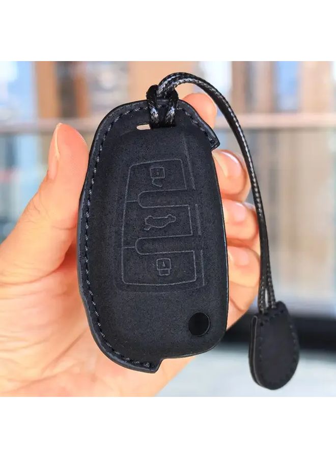 Sleek Black PU Leather Remote Key Case Lock Unlock Car Icons Keychain - Image 3