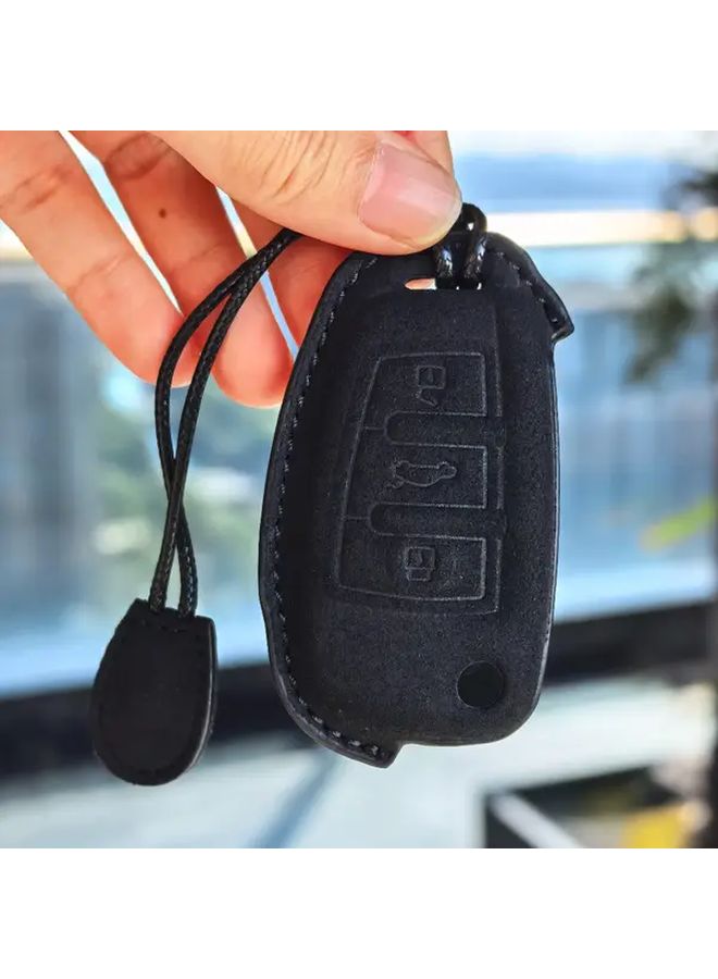 Sleek Black PU Leather Remote Key Case Lock Unlock Car Icons Keychain - Image 2