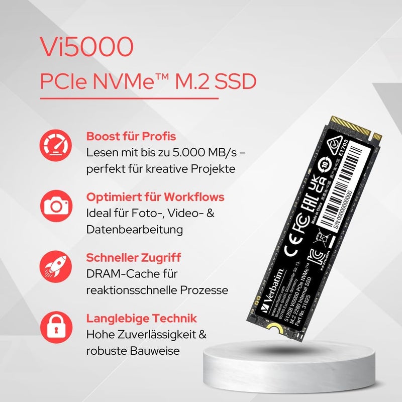 فيرباتيم Vi5000 NVMe M.2 SSD داخلي، قرص تخزين داخلي SSD بسعة 1TB وواجهة PCIe Gen 4، قرص الحالة الصلبة لأجهزة الألعاب وPlaystation 5، أسود - Image 2