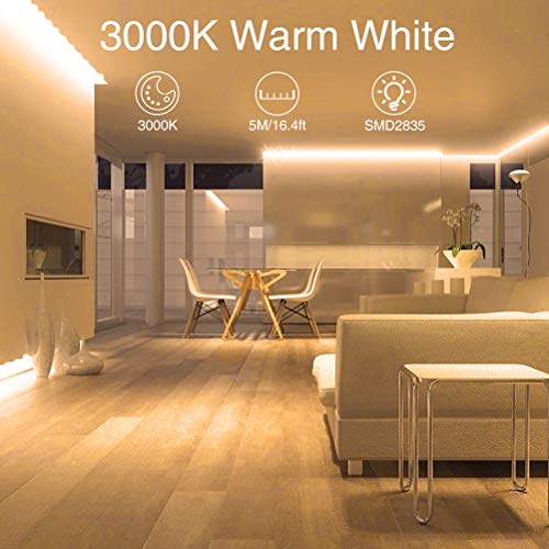 Onforu Warm LED Strip Lights,Onforu16.4ft Dimmable Strip Lighting,3000K 5m 12v Tape Light, 2835 LEDs Flexible Warm White Rope Light for Home,Kitchen,Under Cabinet,Bedroom, Christmas Decor, Non-Waterproof - Image 3