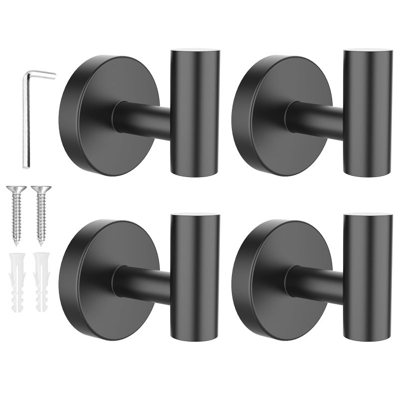 SetSail Towel Hooks for Bathrooms 4 Packs Screw-in Matte Black Bathroom Towel Hook Wall Mounted Stainless Steel Shower Towel Hooks for Coat Hanging, Drill Hole - Image 1