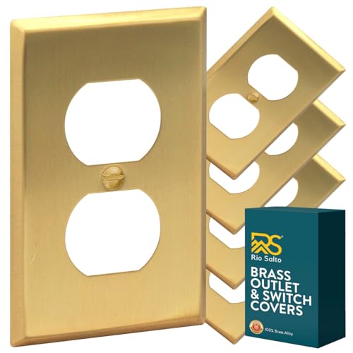 Rio Salto BRASS Metal Gold Outlet Cover or Light Switch Cover Wall Plate Corrosion Resistant Single Duplex Receptacle Wallplate Covers 1 Gang Brushed Brass 4.50" x 2.76" 5-Pack Standard Size - Image 1