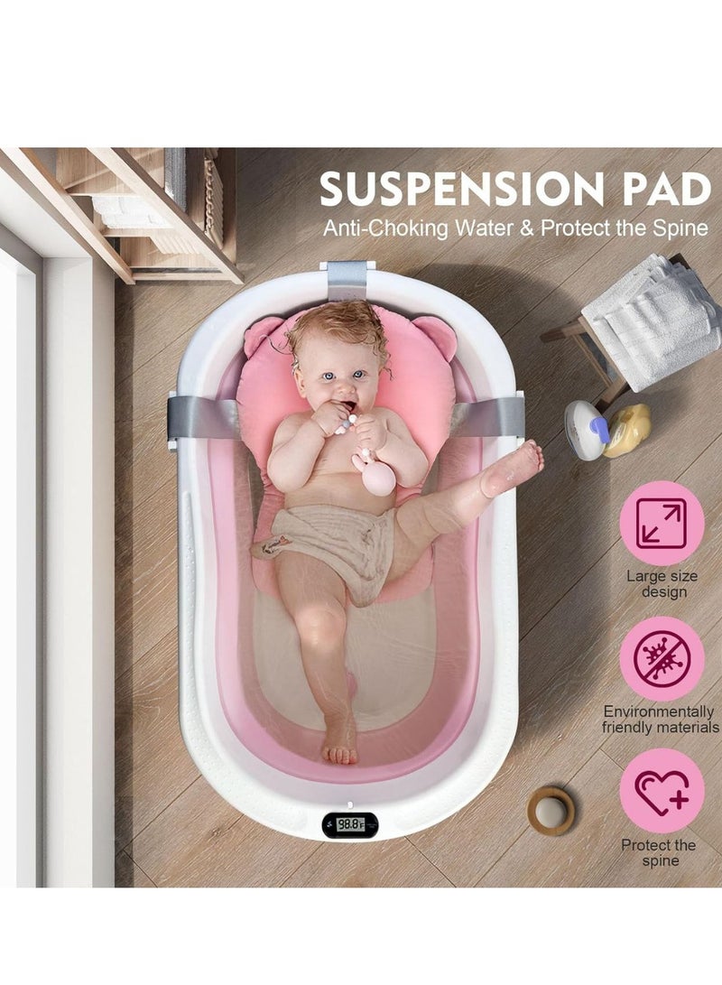 Baby Foldable Bath Tub with Bathmat Cushion & Thermometer, Portable Baby Bathtub with Drain Hole, Shower Basin with Non-Slip Support Leg for 0-6 Years Boy Girl (Pink) - Image 2