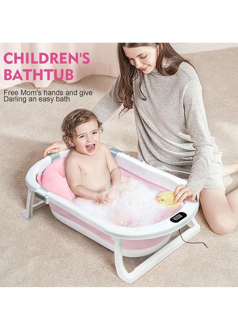 Baby Foldable Bath Tub with Bathmat Cushion & Thermometer, Portable Baby Bathtub with Drain Hole, Shower Basin with Non-Slip Support Leg for 0-6 Years Boy Girl (Pink) - Image 3