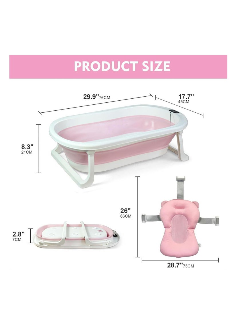 Baby Foldable Bath Tub with Bathmat Cushion & Thermometer, Portable Baby Bathtub with Drain Hole, Shower Basin with Non-Slip Support Leg for 0-6 Years Boy Girl (Pink) - Image 4