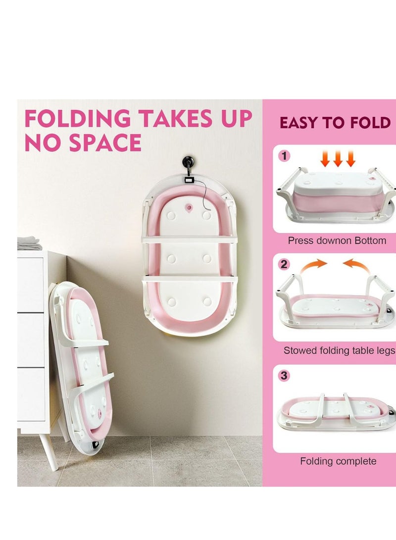 Baby Foldable Bath Tub with Bathmat Cushion & Thermometer, Portable Baby Bathtub with Drain Hole, Shower Basin with Non-Slip Support Leg for 0-6 Years Boy Girl (Pink) - Image 5