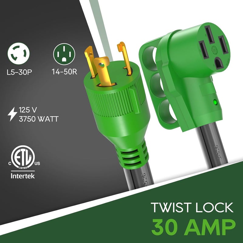 RVGUARD كابل محول مولد ثلاثي الأطراف 30 أمبير إلى 50 أمبير بطول 12 بوصة، STW 10/3، قابس ذكر قفل L5-30P إلى أنثى 14-50R مع مؤشر طاقة LED، أخضر - Image 2