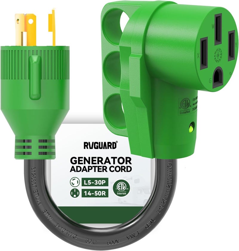 RVGUARD كابل محول مولد ثلاثي الأطراف 30 أمبير إلى 50 أمبير بطول 12 بوصة، STW 10/3، قابس ذكر قفل L5-30P إلى أنثى 14-50R مع مؤشر طاقة LED، أخضر - Image 1