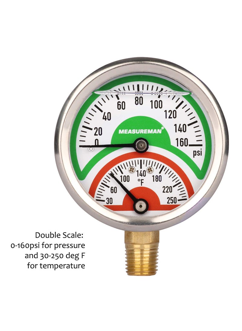 MEASUREMAN MEASUREMAN Tridicator, Thermo-Manometer, 2-1/2", Silicone Oil Filled, 0-160psi/30-250 deg F, Stainless Steel Case, 1/4"NPT Lower Mount Pressure Gauge  - Image 3
