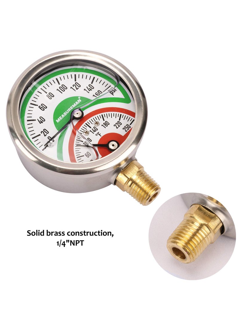 MEASUREMAN MEASUREMAN Tridicator, Thermo-Manometer, 2-1/2", Silicone Oil Filled, 0-160psi/30-250 deg F, Stainless Steel Case, 1/4"NPT Lower Mount Pressure Gauge  - Image 4