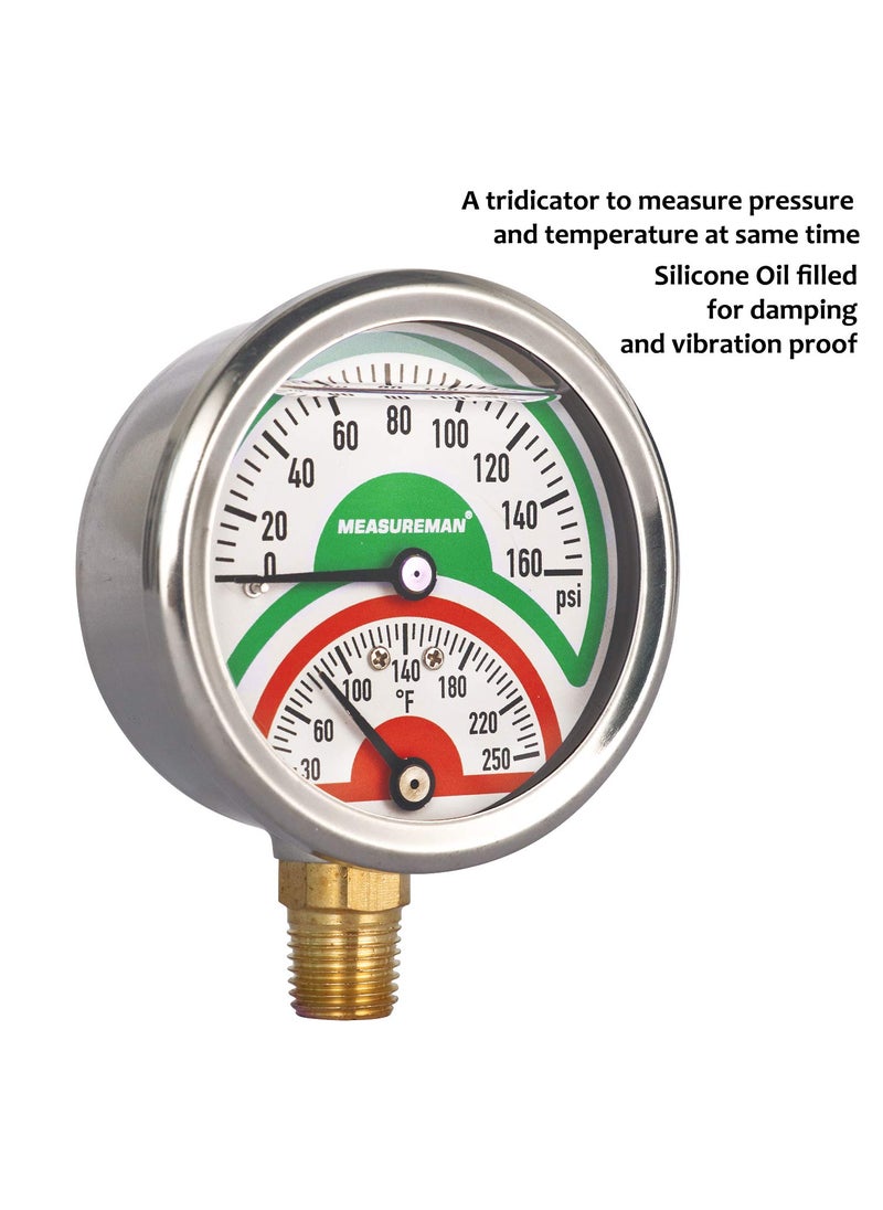 MEASUREMAN MEASUREMAN Tridicator, Thermo-Manometer, 2-1/2", Silicone Oil Filled, 0-160psi/30-250 deg F, Stainless Steel Case, 1/4"NPT Lower Mount Pressure Gauge  - Image 2