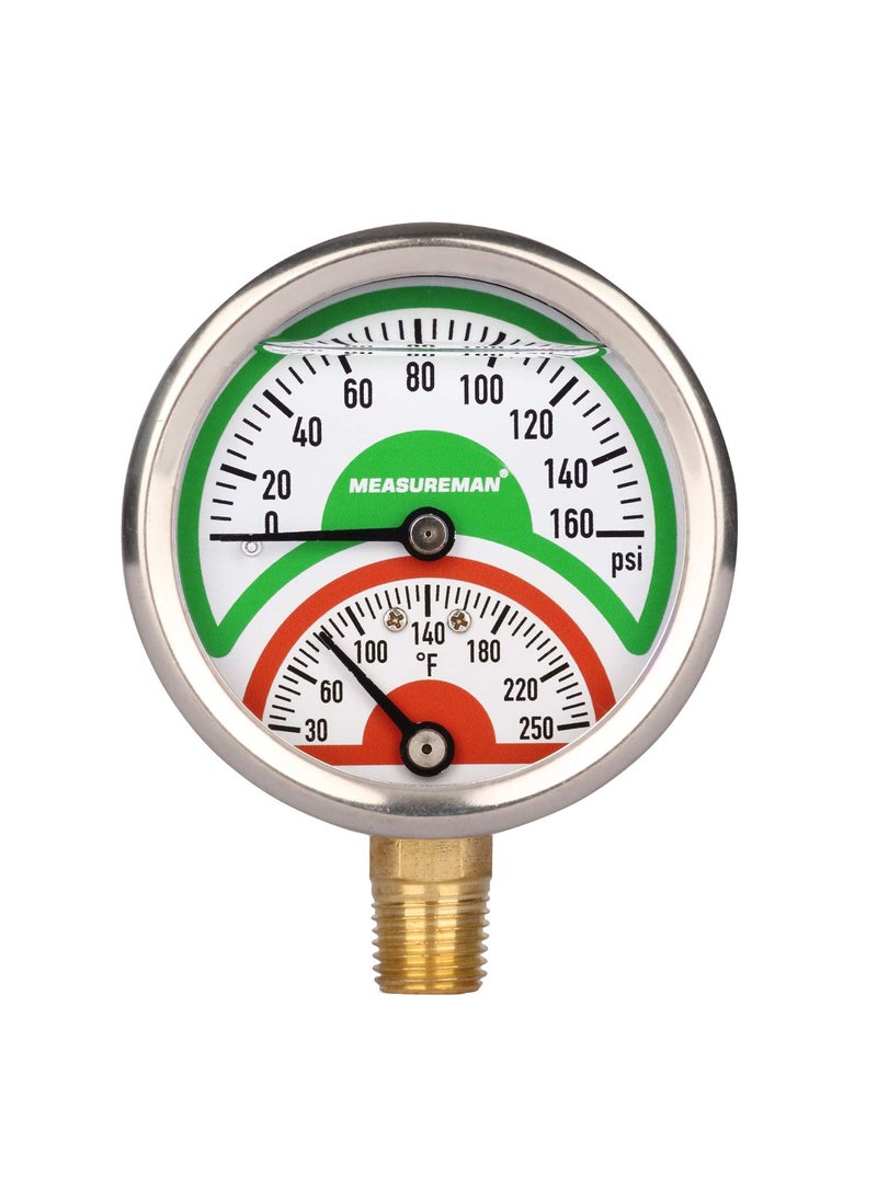MEASUREMAN MEASUREMAN Tridicator, Thermo-Manometer, 2-1/2", Silicone Oil Filled, 0-160psi/30-250 deg F, Stainless Steel Case, 1/4"NPT Lower Mount Pressure Gauge  - Image 1