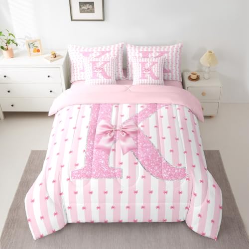 Erosebridal Alphabet K 7 Pcs Bedding Set Pink Bow Girls Bed in A Bag Bowknot Glitter Comforter Set with Sheets Twin Size for Kids Teens Adult Room Dreamy Princess Bed Sets - Image 3