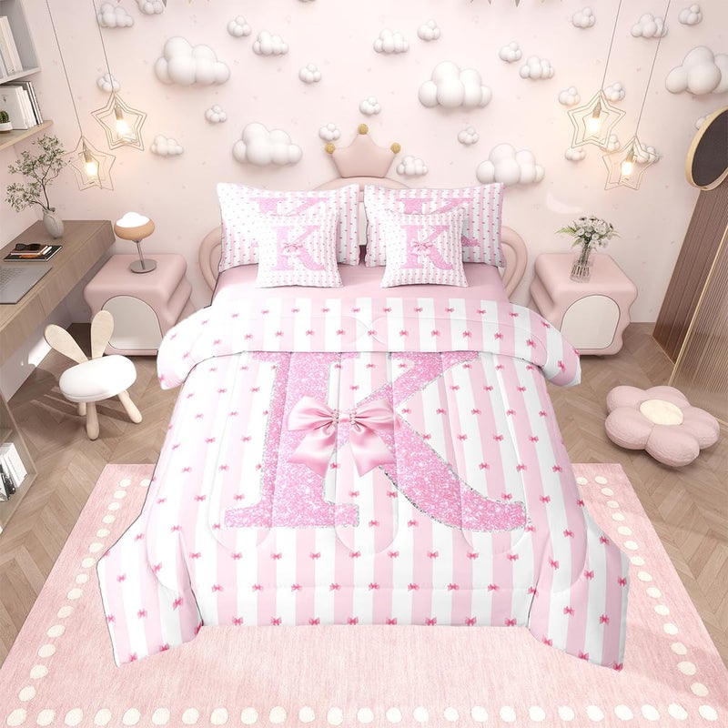 Erosebridal Alphabet K 7 Pcs Bedding Set Pink Bow Girls Bed in A Bag Bowknot Glitter Comforter Set with Sheets Twin Size for Kids Teens Adult Room Dreamy Princess Bed Sets - Image 2