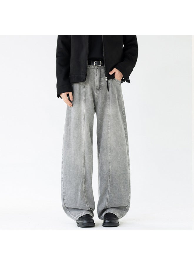 American Trendy Brand Deconstructed Machete Patchwork Jeans For Men, Loose Straight High Street Washed Wide Leg Pants