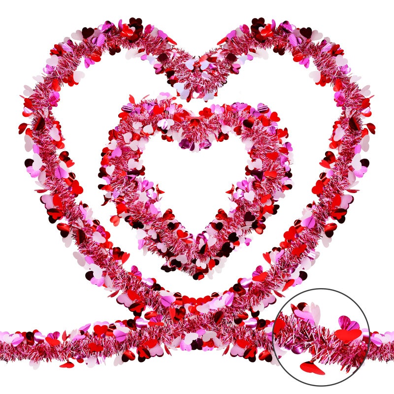 Kreyfer 4 Strings Total 26.4 ft Valentine's Day Tinsel Garlands - Each 6.6 ft Metallic Fringe Garland with Hearts Hanging Glitter Streamers for Wedding  Engagement  Anniversaries  Romantic Love Decorations - Image 1