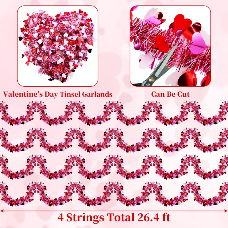 Kreyfer 4 Strings Total 26.4 ft Valentine's Day Tinsel Garlands - Each 6.6 ft Metallic Fringe Garland with Hearts Hanging Glitter Streamers for Wedding  Engagement  Anniversaries  Romantic Love Decorations - Image 2