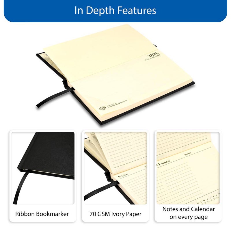 FIS 2026 Slim Diary, Slim Size 170x90mm, Hard Cover, Italian PU Materials, 1 Week at a Glance Format, Landscape View, English, 70gsm Italian Ivory Paper, Black Cover - FSDI57E26BK - Image 5