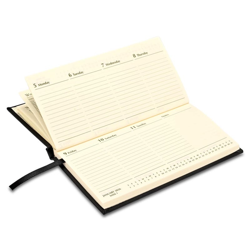 FIS 2026 Slim Diary, Slim Size 170x90mm, Hard Cover, Italian PU Materials, 1 Week at a Glance Format, Landscape View, English, 70gsm Italian Ivory Paper, Black Cover - FSDI57E26BK - Image 4