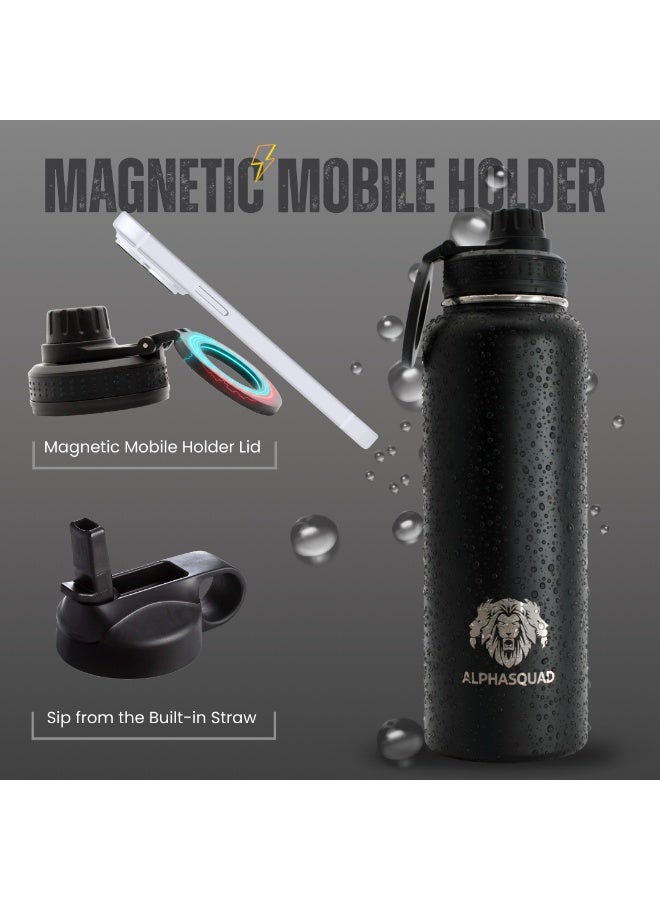 ALPHASQUAD 40Oz / 1200Ml Water Bottle with Magnetic Phone Holder, Stainless Steel Water Bottles Compatible with Phone Mount and Tripod for iPhone, Double Walled Insulated Tumbler for Gym, Sport (Black Metallic) - Image 3