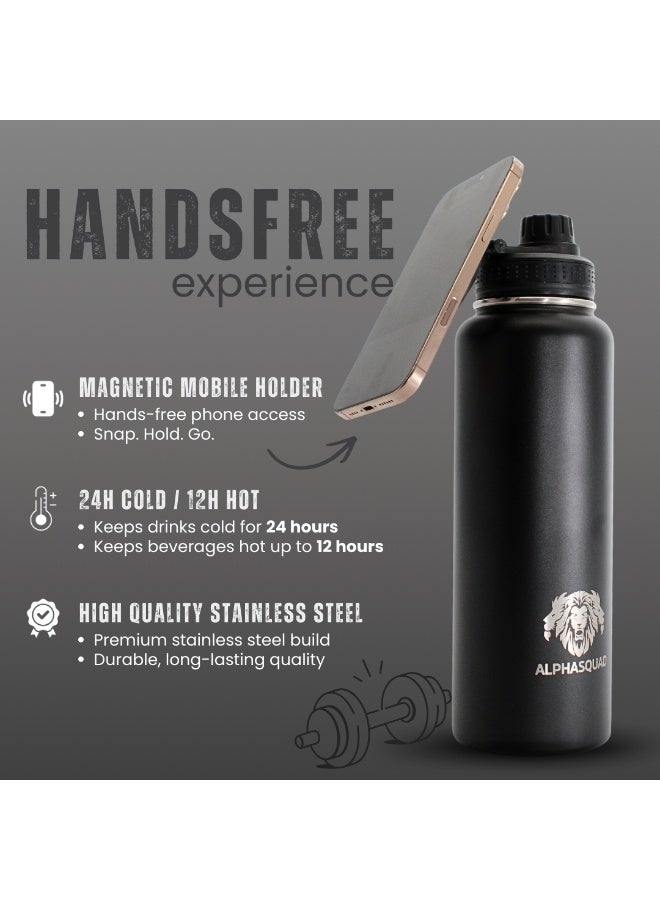 ALPHASQUAD 40Oz / 1200Ml Water Bottle with Magnetic Phone Holder, Stainless Steel Water Bottles Compatible with Phone Mount and Tripod for iPhone, Double Walled Insulated Tumbler for Gym, Sport (Black Metallic) - Image 5