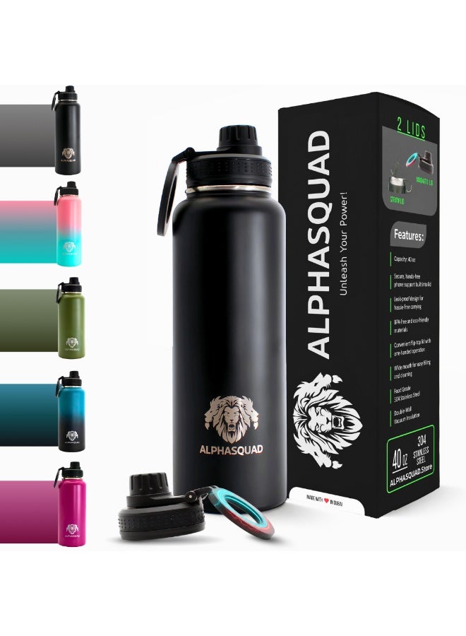 ALPHASQUAD 40Oz / 1200Ml Water Bottle with Magnetic Phone Holder, Stainless Steel Water Bottles Compatible with Phone Mount and Tripod for iPhone, Double Walled Insulated Tumbler for Gym, Sport (Black Metallic) - Image 1