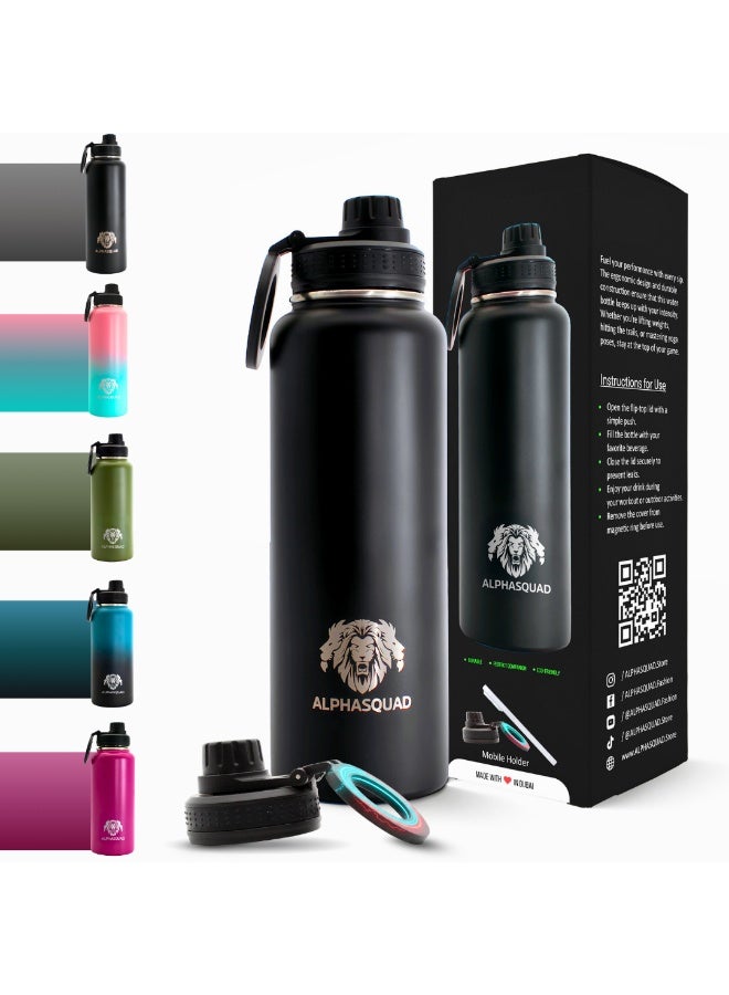 ALPHASQUAD 40Oz / 1200Ml Water Bottle with Magnetic Phone Holder, Stainless Steel Water Bottles Compatible with Phone Mount and Tripod for iPhone, Double Walled Insulated Tumbler for Gym, Sport (Black Metallic) - Image 2