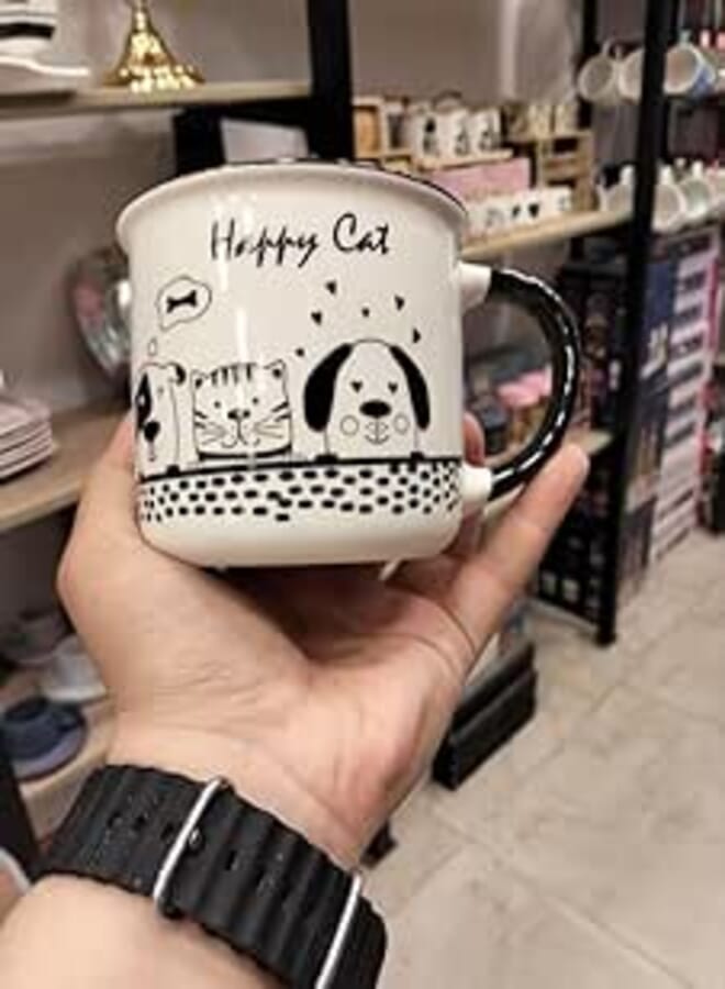 ella - Happy Cat Ceramic Coffee Mug With Black And White Pet Design.