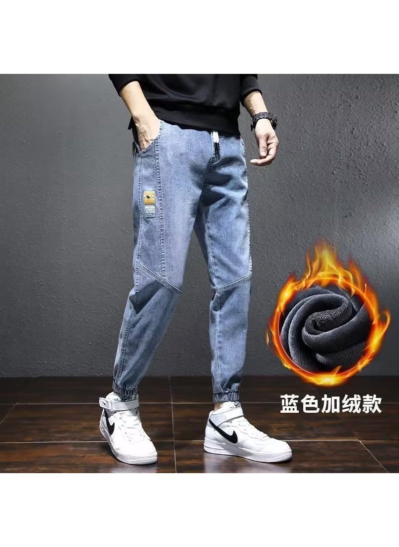 Generic Mens Loose Fit Jeans Durable Elastic Spring Fall Velvet Blue 