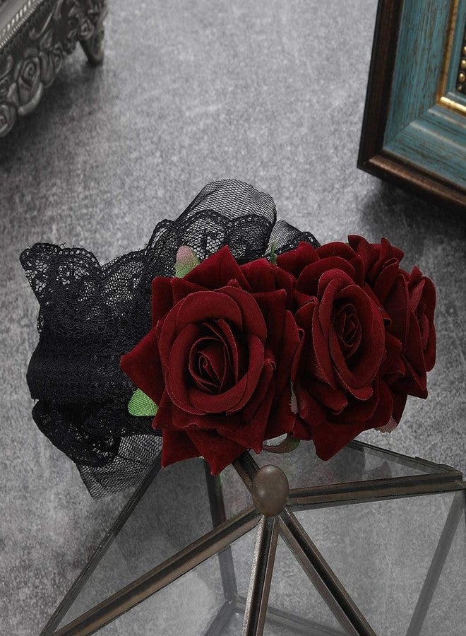GORTIN Gothic Lolita Headband Black Halloween Headpieces Red Rose Flower Hair Bands Masquerade Cosplay Head Hoop Makeup Ball Party Hair Accessory for Women and Girls (Red) - Image 2