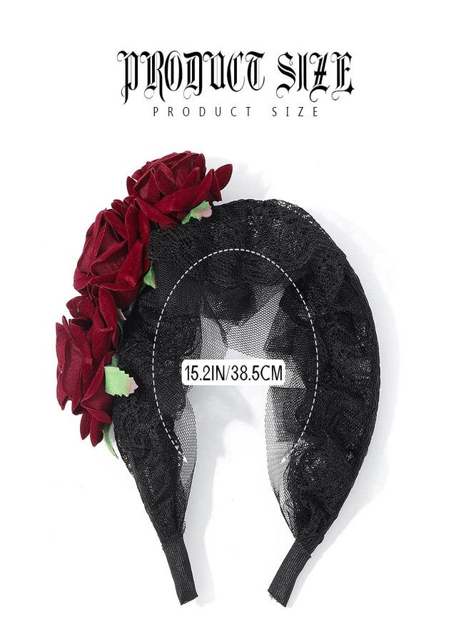 GORTIN Gothic Lolita Headband Black Halloween Headpieces Red Rose Flower Hair Bands Masquerade Cosplay Head Hoop Makeup Ball Party Hair Accessory for Women and Girls (Red) - Image 3