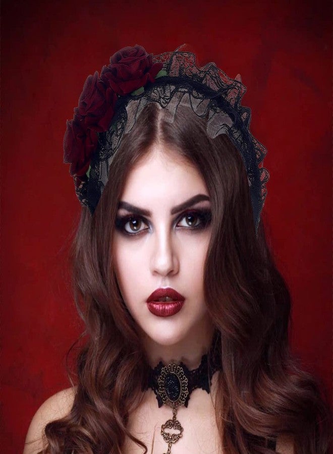 GORTIN Gothic Lolita Headband Black Halloween Headpieces Red Rose Flower Hair Bands Masquerade Cosplay Head Hoop Makeup Ball Party Hair Accessory for Women and Girls (Red) - Image 4