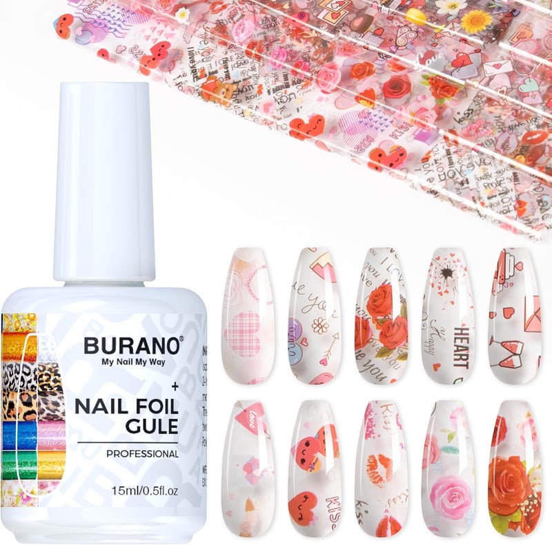 BURANO Nail Art Nail Foil Glue Gel, 15 ML 1 Bottle Foil Transfer Gel with 10PCS Stickers, UV LED Lamp Required Nail Design Foils Glue for Nails 23 - Image 1