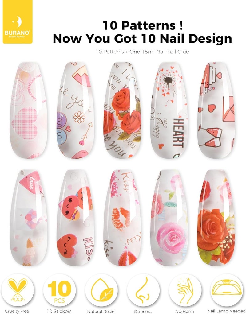 BURANO Nail Art Nail Foil Glue Gel, 15 ML 1 Bottle Foil Transfer Gel with 10PCS Stickers, UV LED Lamp Required Nail Design Foils Glue for Nails 23 - Image 2