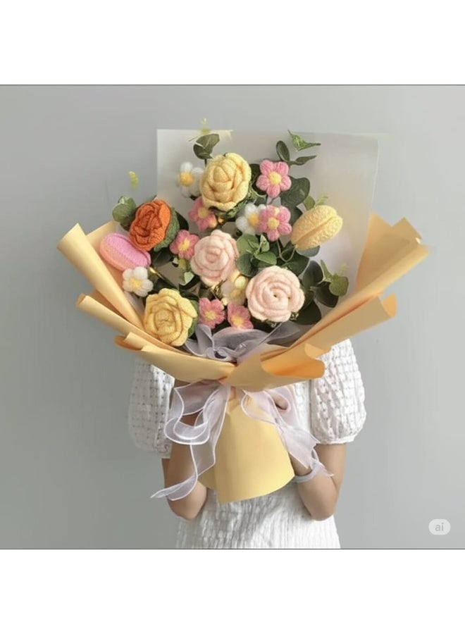 i diD New Creative Gift Handmade Knitting Large Bouquet Flowers Cotton Crochet Flowers with LED Lights in Clear Bag, Suitable for valantine's Day ,Wedding , Birthday, Mother's Day, Women's Day, All Events - Image 3