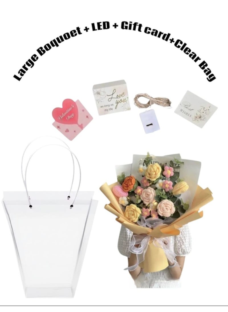 i diD New Creative Gift Handmade Knitting Large Bouquet Flowers Cotton Crochet Flowers with LED Lights in Clear Bag, Suitable for valantine's Day ,Wedding , Birthday, Mother's Day, Women's Day, All Events - Image 2