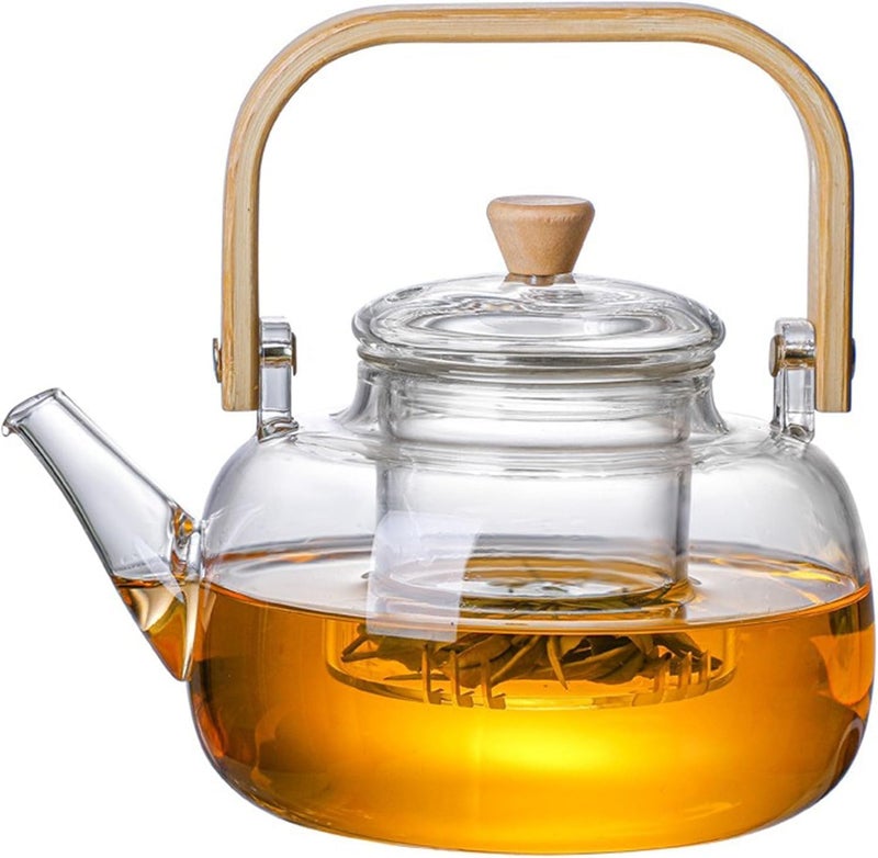 Bellemax 1000ML Glass Kettle Teapot with Removable Infuser Lid Wooden Handle Glass Tea Kettle Stovetop Safe Great for Loose Leaf Tea Blooming Tea Tea Bags Fruit Infused Water 1 Litre BW04 - Image 1