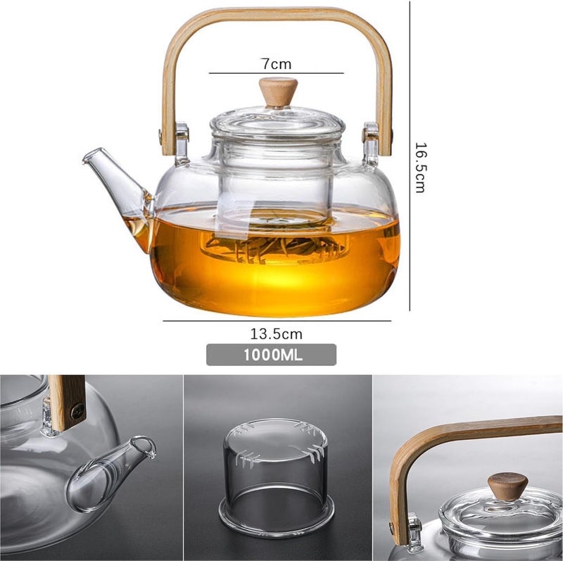 Bellemax 1000ML Glass Kettle Teapot with Removable Infuser Lid Wooden Handle Glass Tea Kettle Stovetop Safe Great for Loose Leaf Tea Blooming Tea Tea Bags Fruit Infused Water 1 Litre BW04 - Image 4