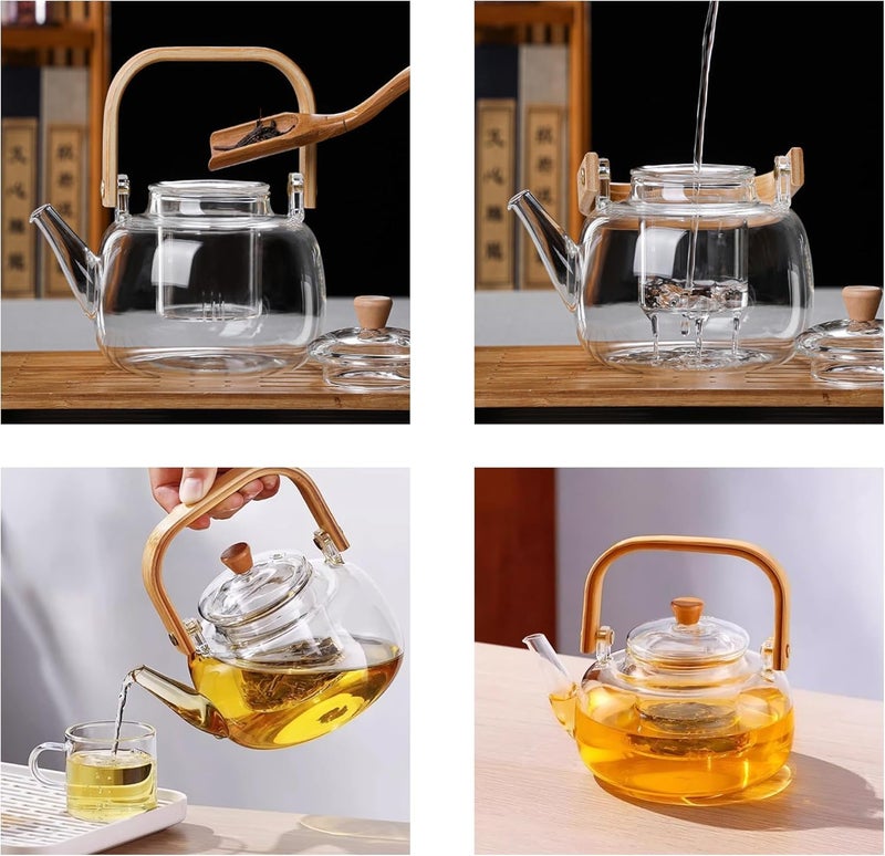 Bellemax 1000ML Glass Kettle Teapot with Removable Infuser Lid Wooden Handle Glass Tea Kettle Stovetop Safe Great for Loose Leaf Tea Blooming Tea Tea Bags Fruit Infused Water 1 Litre BW04 - Image 3