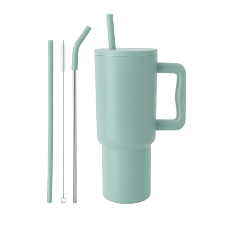 Vasukie 1200 ML Stainless Steel Tumbler with Handle and Lid,2 Straw | 100% Leakproof Travel Mug Water Cup for Gym, Office & Outdoor Use (Sage Green) - Image 1