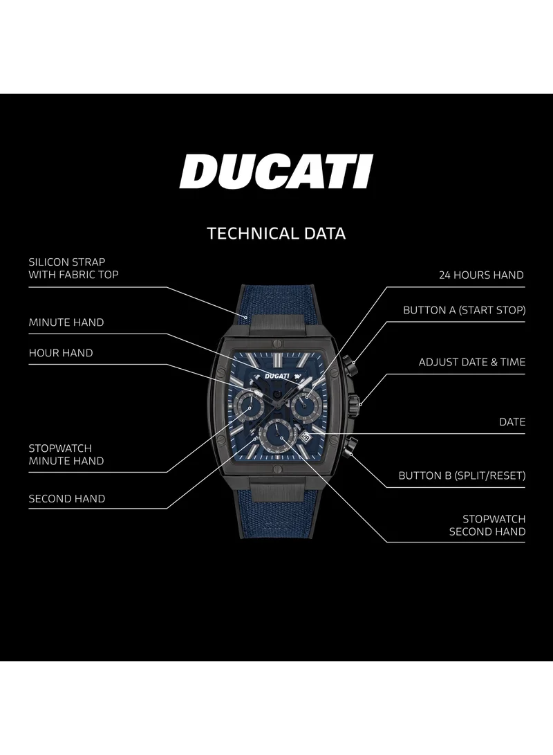 Ducati DT005 Men's 40mm Chronograph Watch with Blue Dial, Gun Accents & Leather Silicone Strap